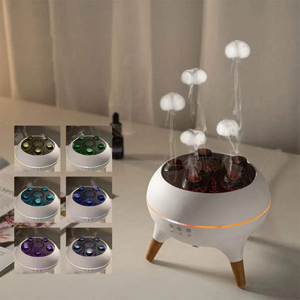 Jellyfish Diffuser & Humidifier releasing soothing mist in different colors for relaxation and aromatherapy.