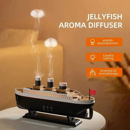 Titanic Humidifier with steam rising, placed on a surface with a blurred background.