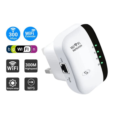 White Wi-Fi repeater with features highlighted on a white background
