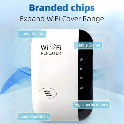 WiFi Repeater Range Extender with branded chips and features: long range, stable signal, high-performance, easy operation.