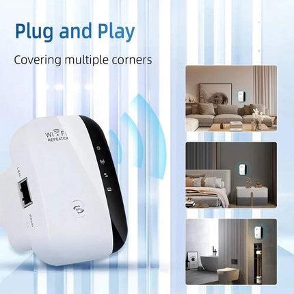 WiFi Repeater Range Extender with plug and play feature covering multiple corners for improved signal strength.