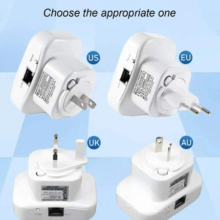 WiFi Repeater Range Extender with various plug options US, EU, UK, and AU for global compatibility.
