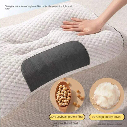 Super Ergonomic Sleep Neck Pillow showcasing its 20% soybean protein fiber and high-quality materials for comfort.