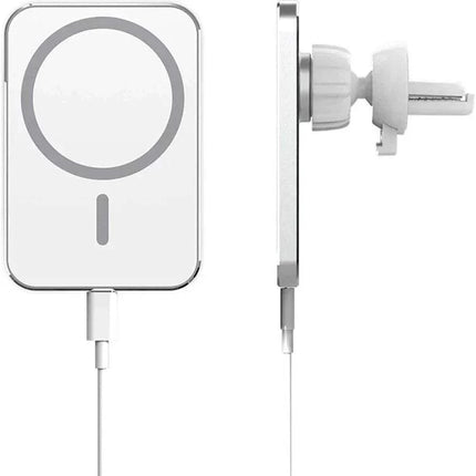 15W Wireless Magsafe Charger for iPhone showing side and front views with cable and mount for car use.