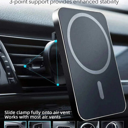 15W Wireless Magsafe Charger for iPhone securely mounted with 3-point support on car air vent.