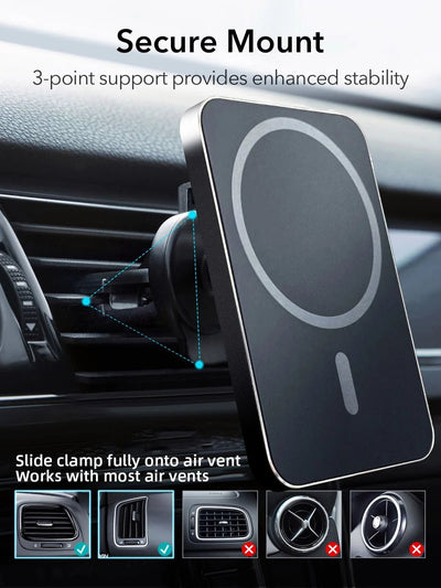 15W Wireless Magsafe Charger for iPhone securely mounted with 3-point support on car air vent.
