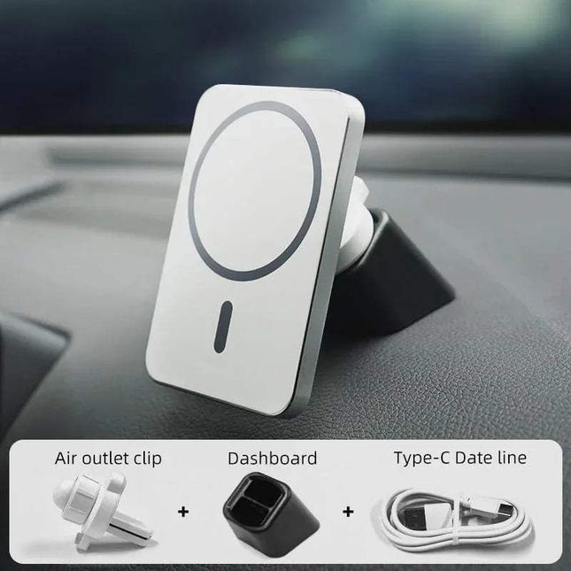 15W Wireless Magsafe Charger for iPhone mounted on car dashboard with accessories.