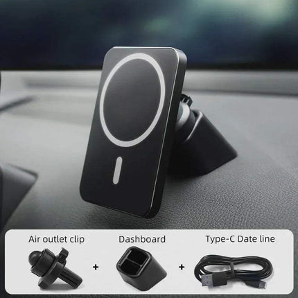 15W Wireless Magsafe Charger for iPhone mounted on car dashboard with accessories.