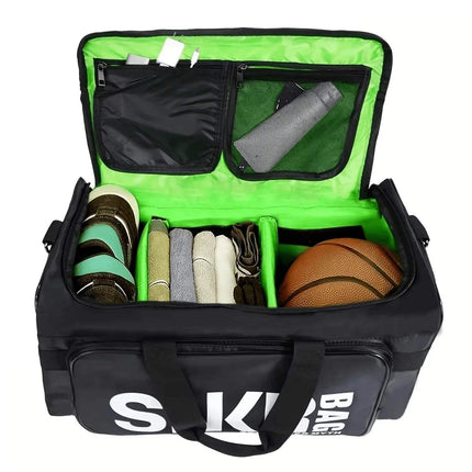 Athletes Sports Bag interior showing organized compartments for towels, basketball, and accessories.