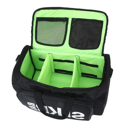 Athletes Sports Bag with adjustable compartments and vibrant green interior for organized sports and travel.