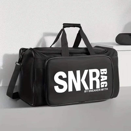 Athletes Sports Bag featuring a stylish black design with SNKR branding for athletes and travelers.