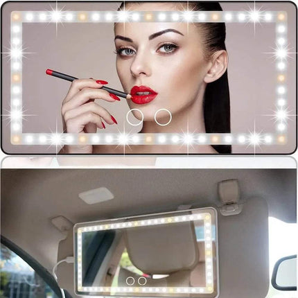 Car Makeup Mirror with LED Lights for Flawless Touch-Ups and a woman applying makeup in front of it.