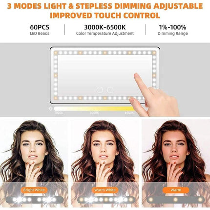 Car Makeup Mirror with LED Lights  strip, control panel, and color temperature options.