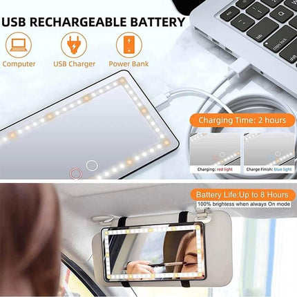 Car Makeup Mirror with LED Lights USB rechargeable battery with computer, USB charger, and power bank icons, charging time and battery life information.