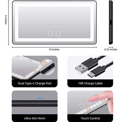 Car Makeup Mirror with LED Lights Product dimensions and features including a USB cable, touch control, and charging port on a white background.