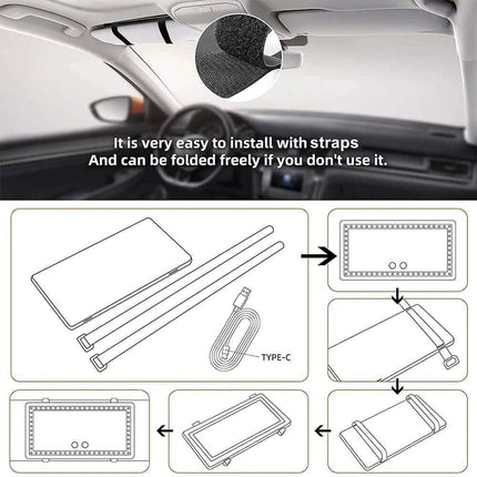 Car Makeup Mirror with LED Lights with installation instructions and parts diagram.
