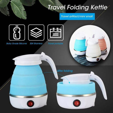 Folding Kettle & Water Heater  Travel folding kettle with blue body and white handle on a black background