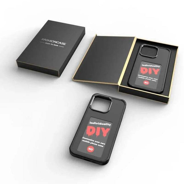 Black E-Ink DIY Phone Case with 'individuality DIY' text, open packaging, and FashionCase branding.