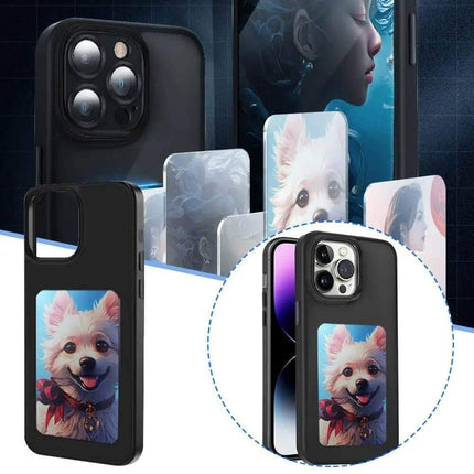 E-Ink DIY Phone Case with a dog design on a blue and white gradient background