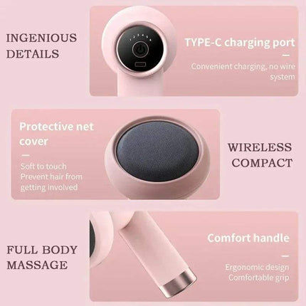 Muscle Relaxation Massage Gun features type-C charging, protective net cover, and ergonomic comfort handle for full body massage.