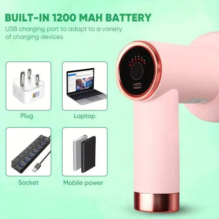 Muscle Relaxation Massage Gun featuring a built-in 1200 mAh battery and USB charging options for versatile use.
