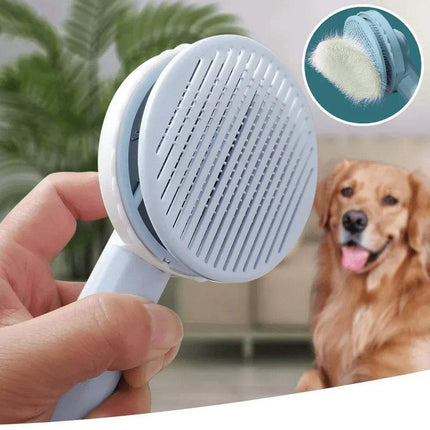 Self-Cleaning Pet Brush Gentle Grooming & Undercoat Removal held by a hand with a dog in the background