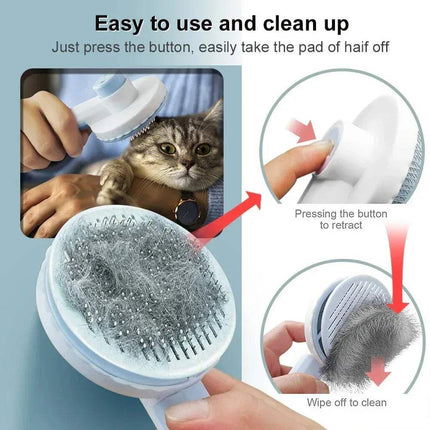 Self-Cleaning Pet Brush Gentle Grooming & Undercoat Removal with instructions on how to use and clean it, featuring a cat being groomed.