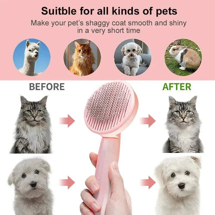 Self-Cleaning Pet Brush Gentle Grooming & Undercoat Removal with before and after effects on pets' fur, on a pink background.