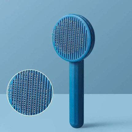 Blue Self-Cleaning Pet Brush Gentle Grooming & Undercoat Removal with close-up detail on a blue background