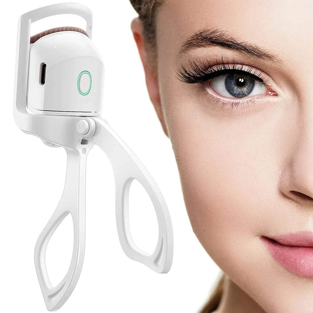 Portable Electric Heated Eyelash Curler with a close-up of a woman's eye on a white background - Astoria Lifestyle