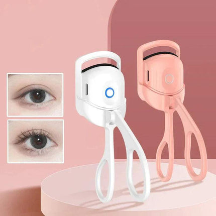 White and pink Portable Electric Heated Eyelash Curler with close-up insets of eyes on a pink background - Astoria Lifestyle