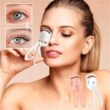 Woman using a Portable Electric Heated Eyelash Curler on her face with close-up insets and additional devices shown. - Astoria Lifestyle
