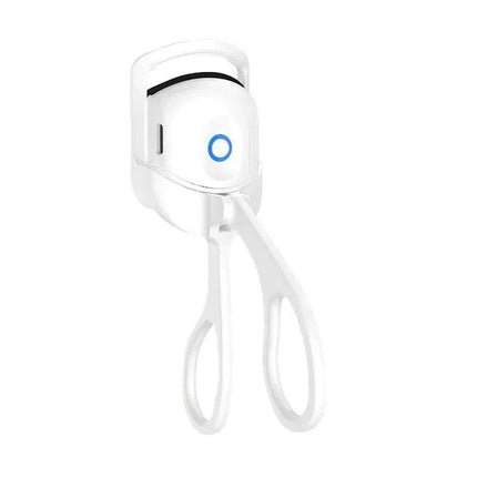 White Portable Electric Heated Eyelash Curler with a blue light on a white background - Astoria Lifestyle