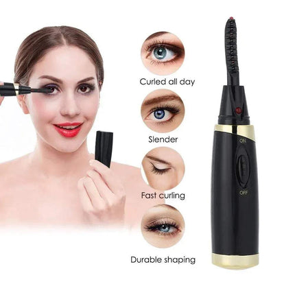 Woman using a Portable Heated Eyelash Curler showing its features.