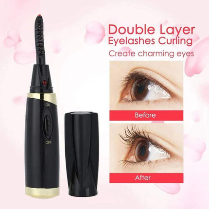 Portable Heated Eyelash Curler with before and after effects on eyes on a pink background