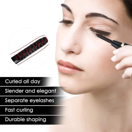 Woman applying Portable Heated Eyelash Curler with product details on a white background