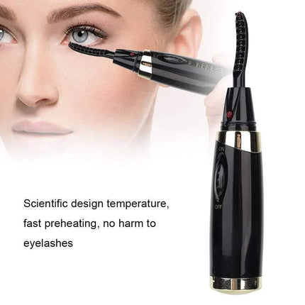Portable Heated Eyelash Curler with a woman's face in the background, highlighting scientific design and safety features.