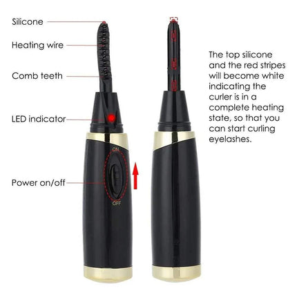 Portable Heated Eyelash Curler with labeled parts and instructions on a white background