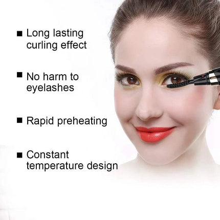 Woman using a Portable Heated Eyelash Curler with text highlighting features on a white background