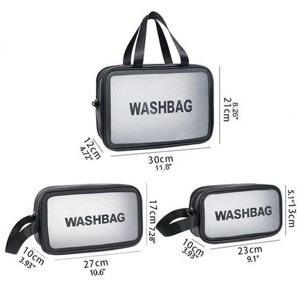 Portable Transparent Waterproof Travel Wash & Makeup Bag with dimensions labeled on a white background