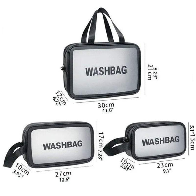 Portable Transparent Waterproof Travel Wash & Makeup Bag with dimensions labeled on a white background