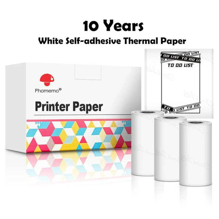 White self-adhesive Thermal Label Printer Paper Rolls with a box labeled 'Pharmemo Printer Paper' on a white background.