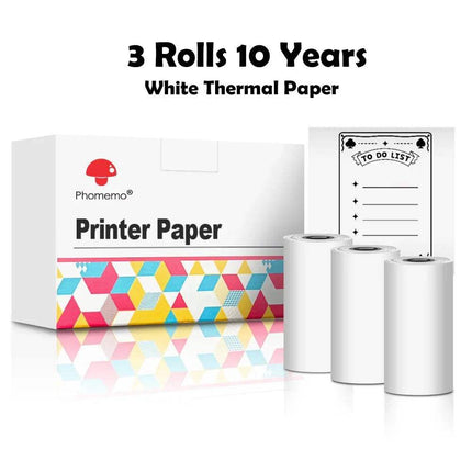 Three rolls of white Thermal Label Printer Paper Rolls with a box labeled 'Pharmemo Printer Paper' on a white background.