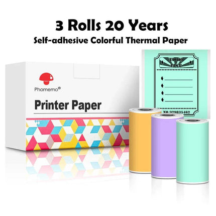 Three rolls of self-adhesive colorful Thermal Label Printer Paper Rolls with a box labeled 'Pharmemo Printer Paper' on a white background.