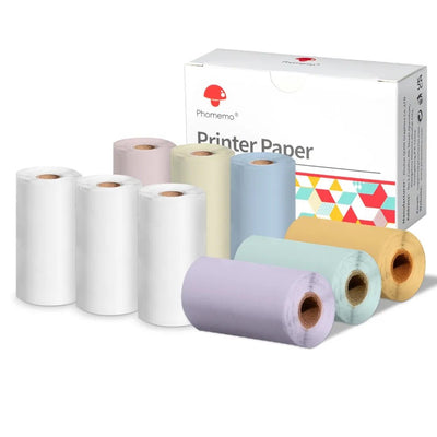Assorted rolls of printer paper with a branded box on a white background