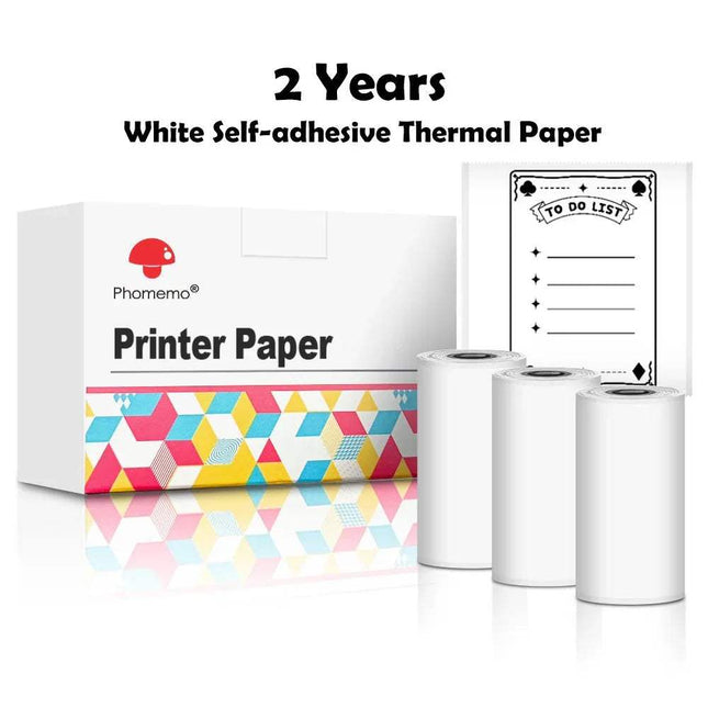 White self-adhesive Thermal Label Printer Paper Rolls and a box labeled 'Pharmemo Printer Paper'.