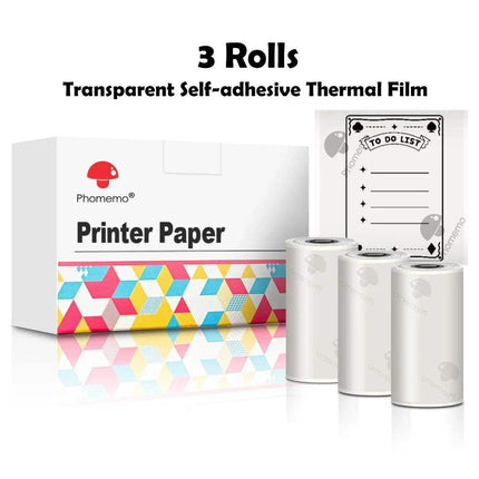 Three rolls of transparent self-adhesive Thermal Label Printer Paper Rolls with a box labeled 'Pharmemo Printer Paper' on a white background.