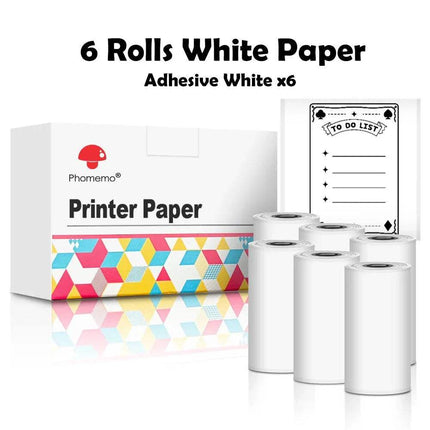 6 rolls of white Thermal Label Printer Paper Rolls with a box labeled 'Pharmemo Printer Paper' on a white background.
