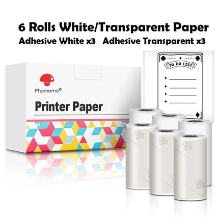 Pharmemo printer paper packaging with six rolls of white and transparent Thermal Label Printer Paper Rolls.