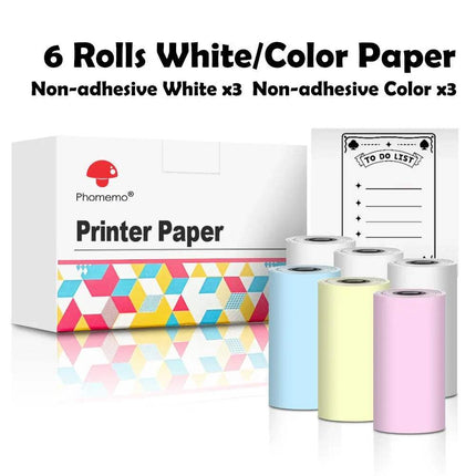 Box of Pharmemo printer paper with six rolls including non-adhesive white and colored Thermal Label Printer Paper Rolls on a white background.